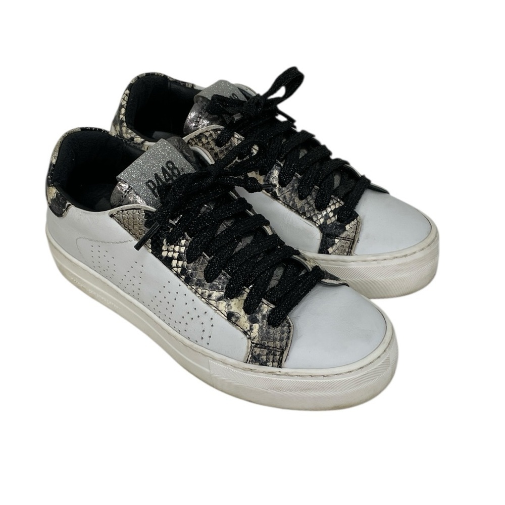P448 Thea Platform Shoes Snake Print Sneakers Black Sparkle Laces Size 37